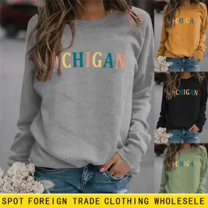 MICHIGAN Letter Fashion Women's Sweater Printing Round Neck Long Sleeve