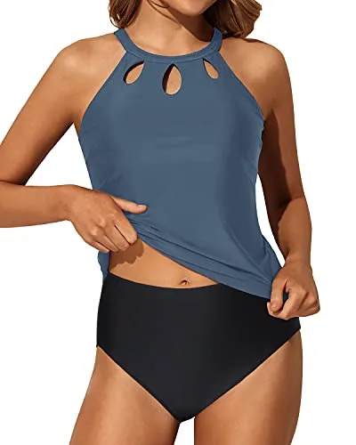 Modest And Trendy High Neck Tankini Set For Long Torsos-Grey