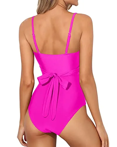 Monokini Swimsuits Tummy Control One Piece Swimsuits For Women-Neon Pink