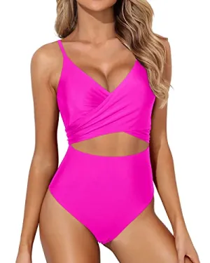 Monokini Swimsuits Tummy Control One Piece Swimsuits For Women-Neon Pink