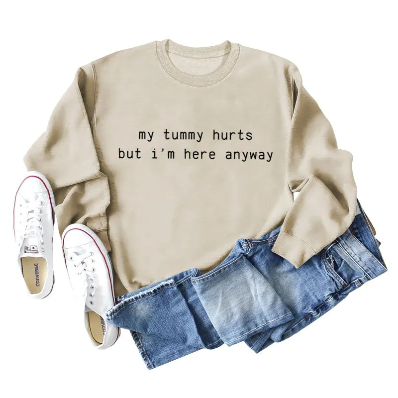 My Tummy Hurts Letters Casual Autumn and Winter Bottoming Long Sleeve Loose Sweater Women's