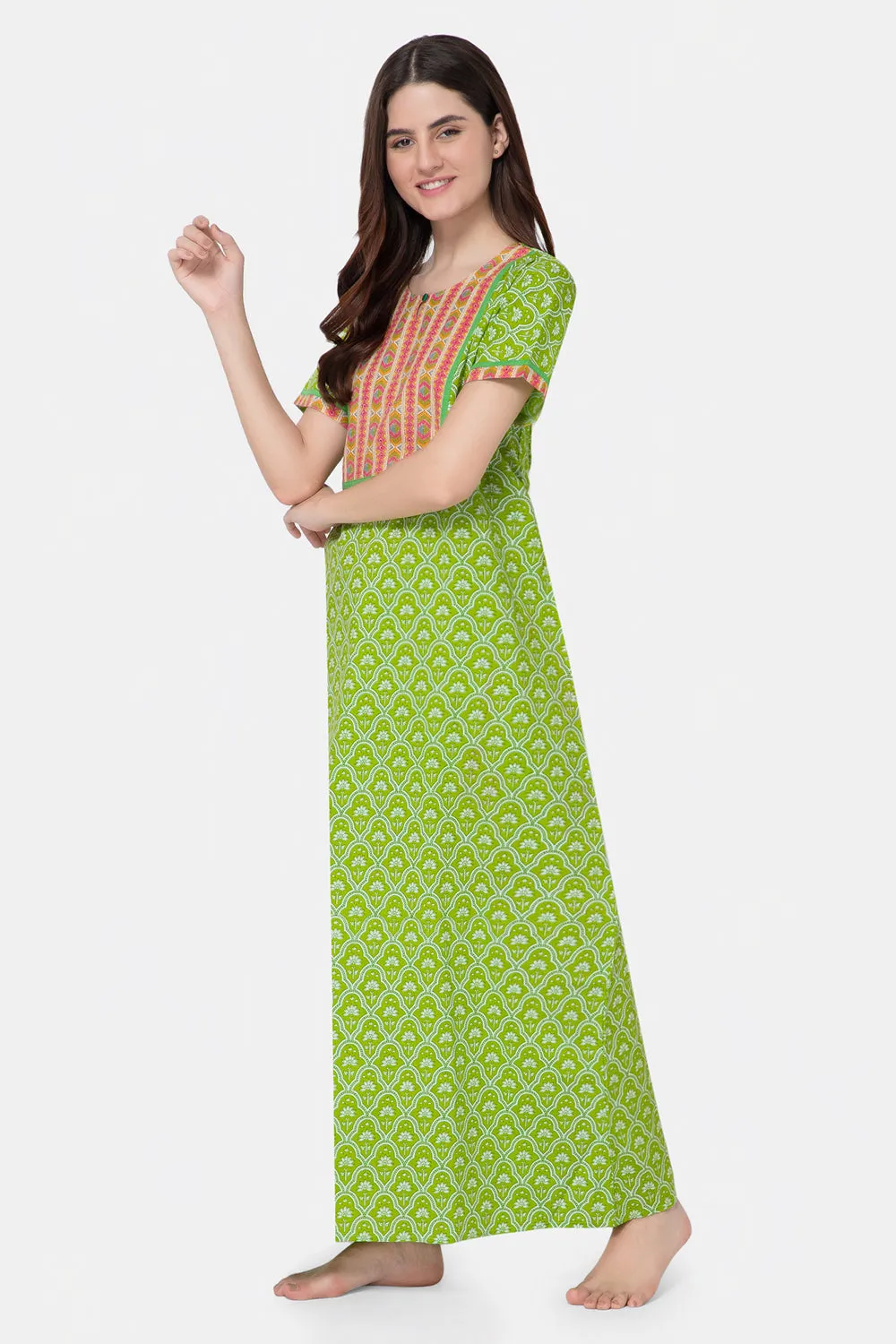 Naidu Hall Round Neck Half Sleeve Pull-On Nighty - Green - NT17