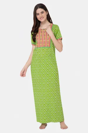 Naidu Hall Round Neck Half Sleeve Pull-On Nighty - Green - NT17