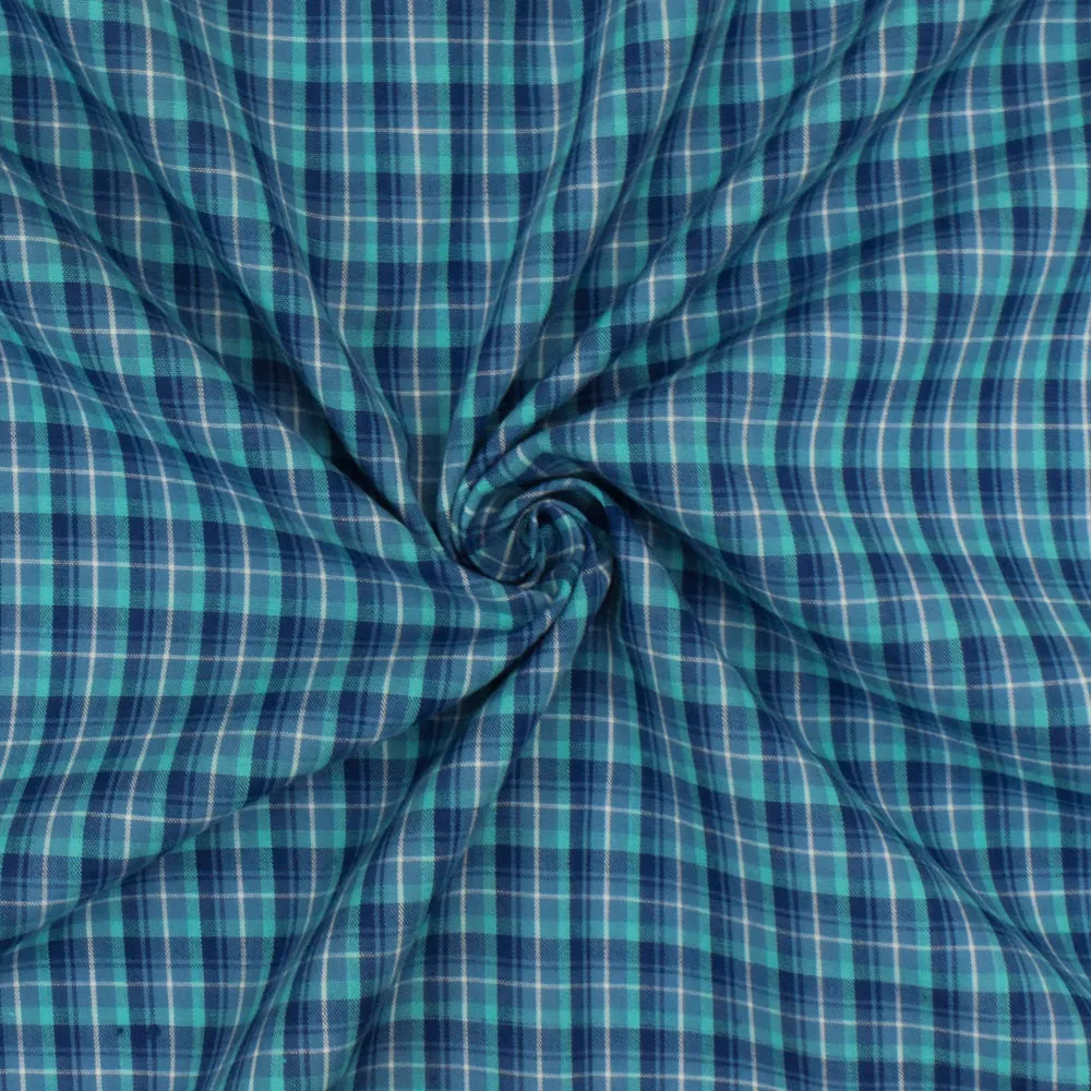 Navy Blue-Teal-Multi Plaid Cotton-Polyester Madras Woven Fabric