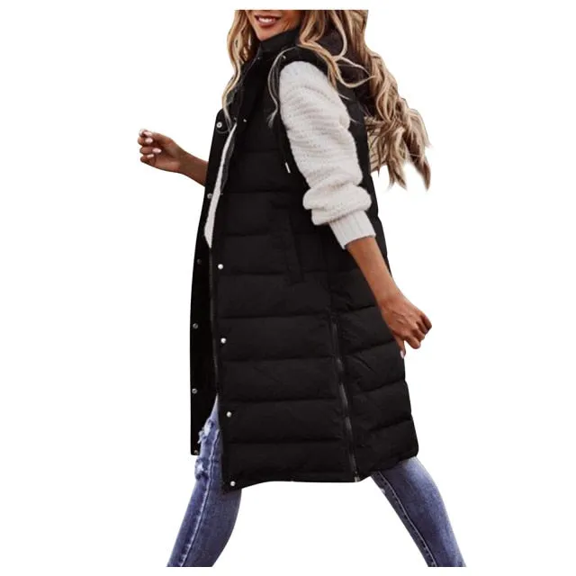 Nukty Women's Long Winter Coat Vest With Hood Sleeveless Warm Down Coat With Pockets Quilted Vest Down Jacket Quilted Outdoor Jacket