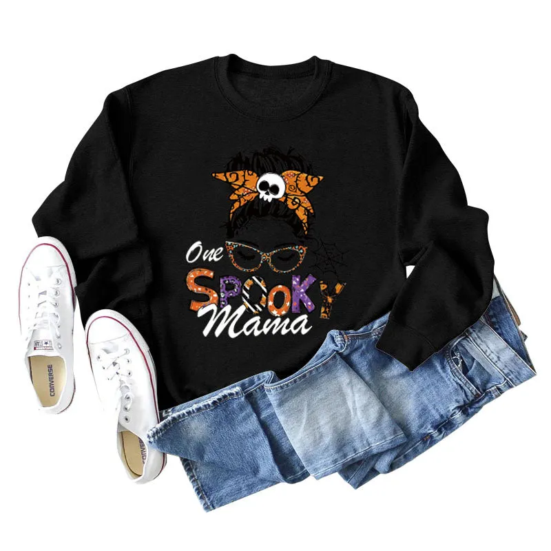 One Spooky Mama Lettering Autumn and Winter Women's Round Neck Long Sleeved Sweater