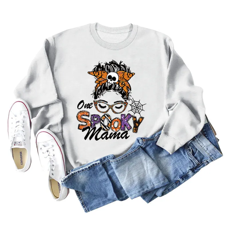 One Spooky Mama Lettering Autumn and Winter Women's Round Neck Long Sleeved Sweater