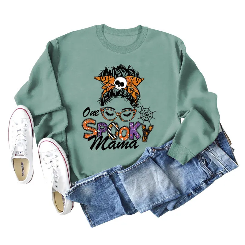 One Spooky Mama Lettering Autumn and Winter Women's Round Neck Long Sleeved Sweater