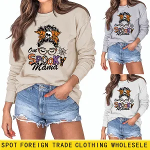 One Spooky Mama Lettering Autumn and Winter Women's Round Neck Long Sleeved Sweater