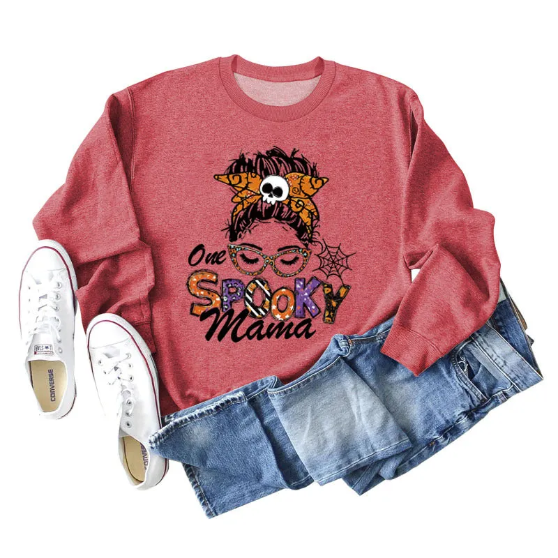 One Spooky Mama Lettering Autumn and Winter Women's Round Neck Long Sleeved Sweater