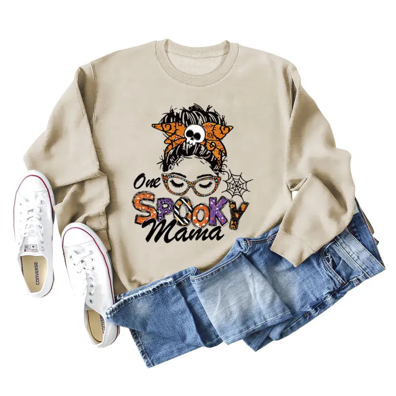 One Spooky Mama Lettering Autumn and Winter Women's Round Neck Long Sleeved Sweater