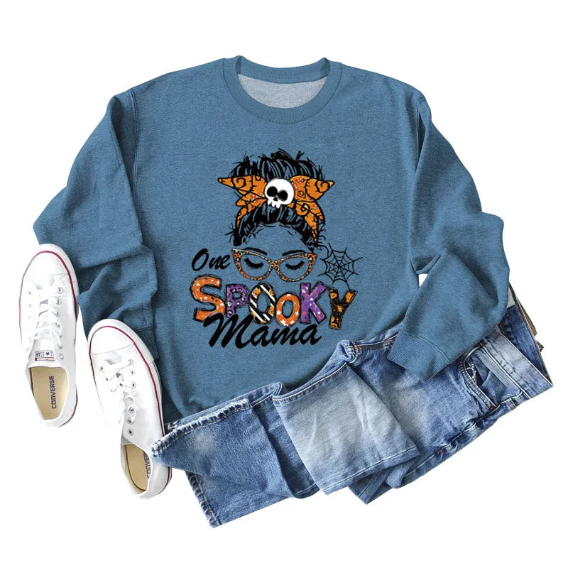 One Spooky Mama Lettering Autumn and Winter Women's Round Neck Long Sleeved Sweater