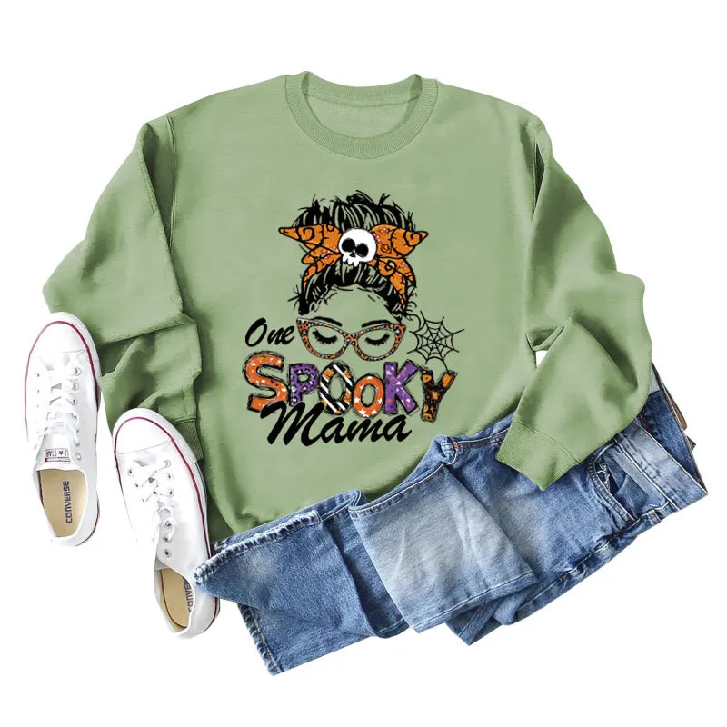 One Spooky Mama Lettering Autumn and Winter Women's Round Neck Long Sleeved Sweater