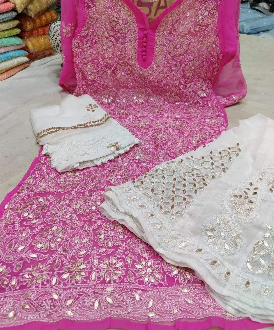 Pink Premium Quality Georgette Lucknow Chikankari Gota Patti Kurti Palazzo