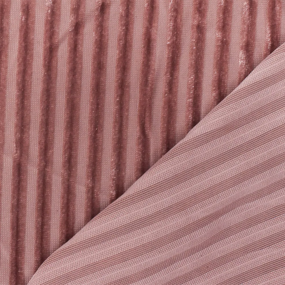 Pink Stripe Burnout Stretch Poly Spandex Velvet Knit Fabric