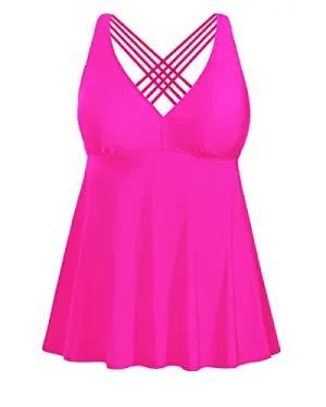 Plus Size Tankini Tops No Bottom Flowy Bathing Suit Top V Neck Swim Top-Neon Pink