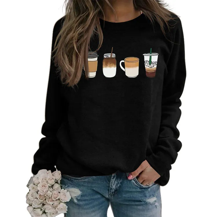 Printed Coffee Cup In Autumn and Winter Base Long Sleeve Loose Sweater