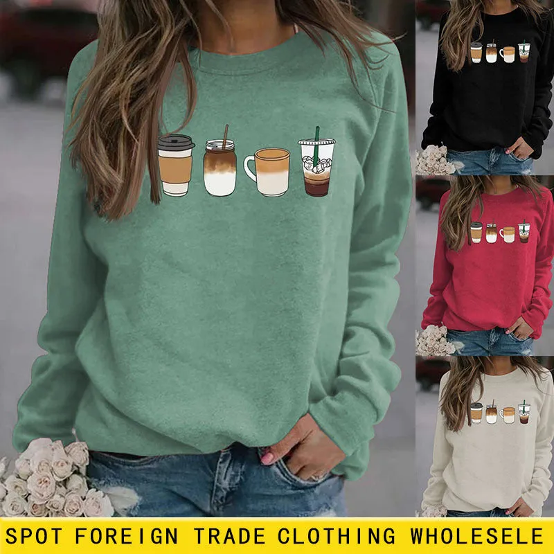 Printed Coffee Cup In Autumn and Winter Base Long Sleeve Loose Sweater