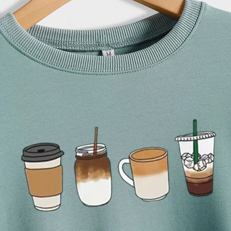 Printed Coffee Cup In Autumn and Winter Base Long Sleeve Loose Sweater