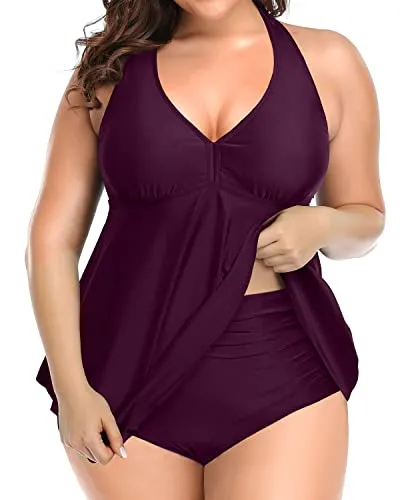 Push Up V Neck Halter Tankini Top Plus Size Swimsuits For Women-Maroon