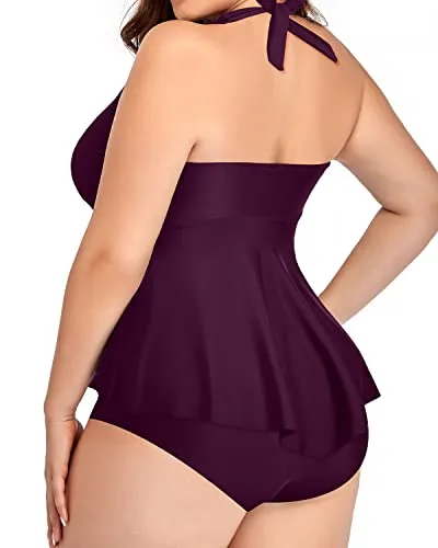 Push Up V Neck Halter Tankini Top Plus Size Swimsuits For Women-Maroon