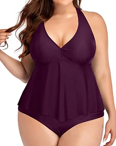 Push Up V Neck Halter Tankini Top Plus Size Swimsuits For Women-Maroon