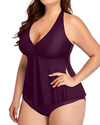 Push Up V Neck Halter Tankini Top Plus Size Swimsuits For Women-Maroon