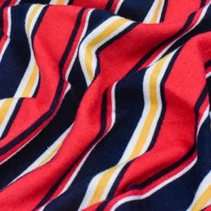 Red/Yellow/Multi Stripe Printed Brushed Jersey Stretch Knit  Fabric