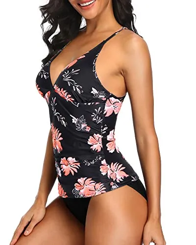 Ruched Panel Slimming Two Piece Tankini Set Swimsuits For Women-Black Orange Floral