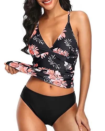 Ruched Panel Slimming Two Piece Tankini Set Swimsuits For Women-Black Orange Floral