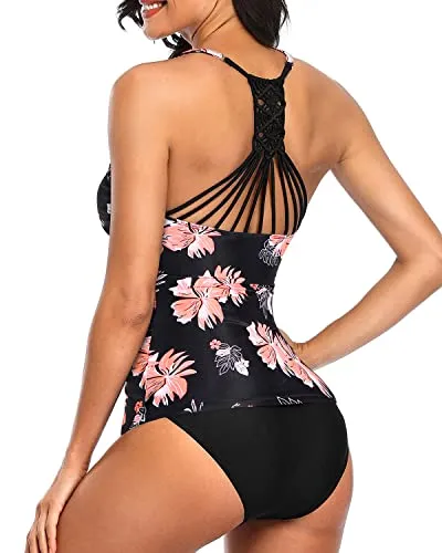 Ruched Panel Slimming Two Piece Tankini Set Swimsuits For Women-Black Orange Floral