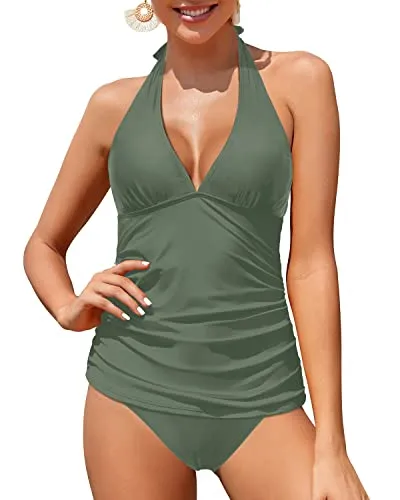 Sexy Charming V Neck Two Piece Tankini Swimwear For Teenagers-Olive Green