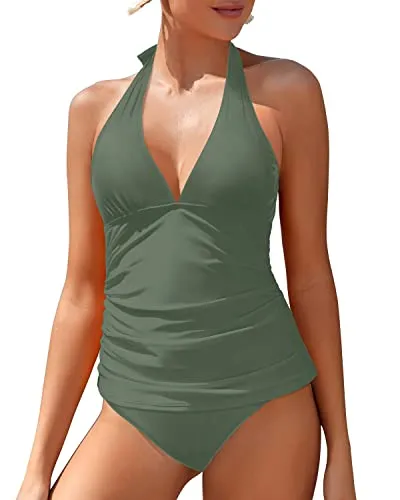 Sexy Charming V Neck Two Piece Tankini Swimwear For Teenagers-Olive Green