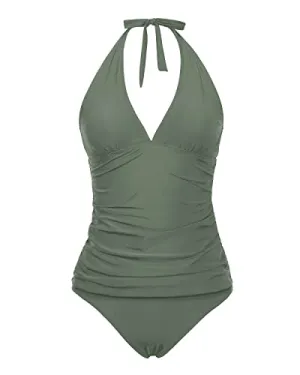 Sexy Charming V Neck Two Piece Tankini Swimwear For Teenagers-Olive Green