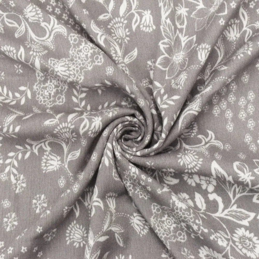 Space Gray-White Floral Printed Rayon Crepon Woven Fabric