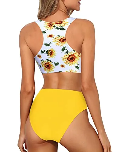 Sporty Racerback Bathing Suit Crop Top And Bottom For Women-Sunflower