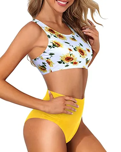 Sporty Racerback Bathing Suit Crop Top And Bottom For Women-Sunflower