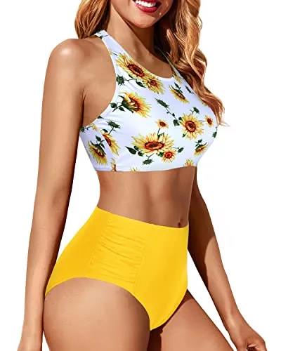 Sporty Racerback Bathing Suit Crop Top And Bottom For Women-Sunflower