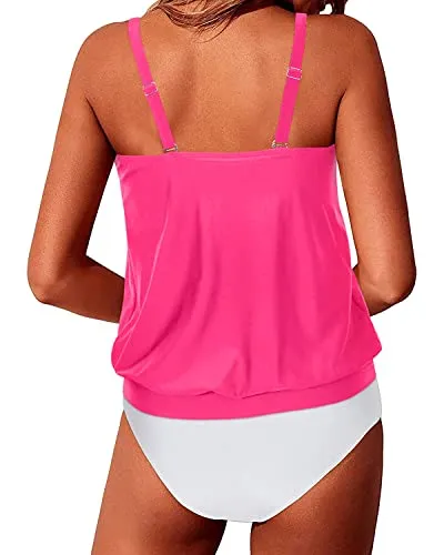 Stylish Push Up Sewn-In Bra Tankini Swimsuits For Teen Girls-Neon Pink