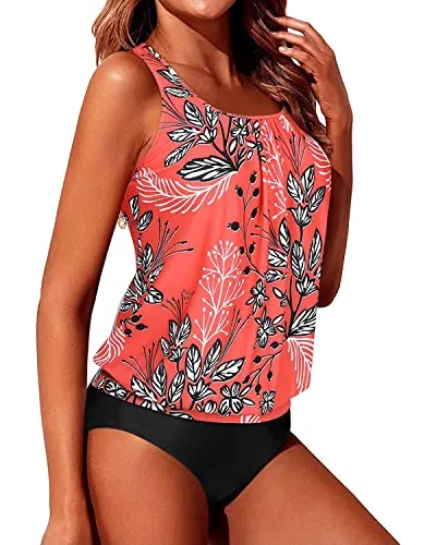 Tankini Swimsuits Push Up Bra Cups Blouson Bathing Suits For Women-Red Floral