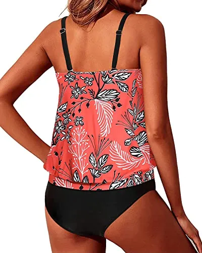 Tankini Swimsuits Push Up Bra Cups Blouson Bathing Suits For Women-Red Floral