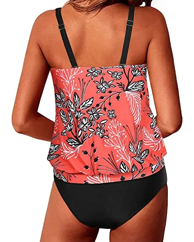 Tankini Swimsuits Push Up Bra Cups Blouson Bathing Suits For Women-Red Floral