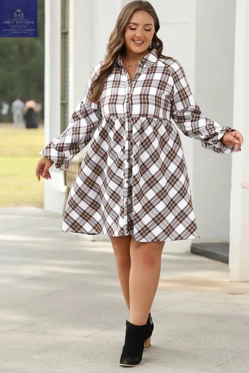 White Plaid Bubble Sleeve Flowy Shirt Dress