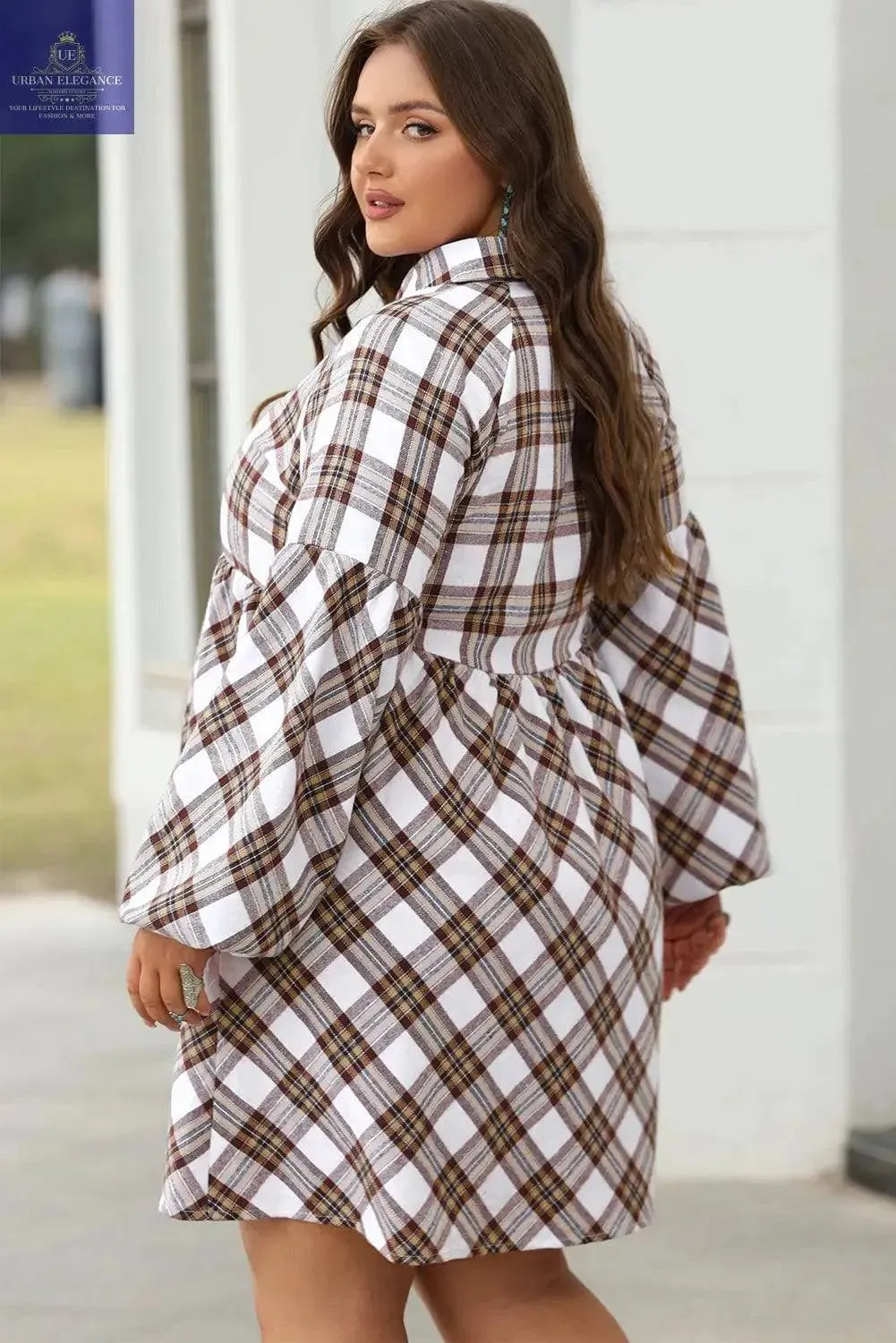 White Plaid Bubble Sleeve Flowy Shirt Dress