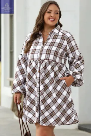 White Plaid Bubble Sleeve Flowy Shirt Dress