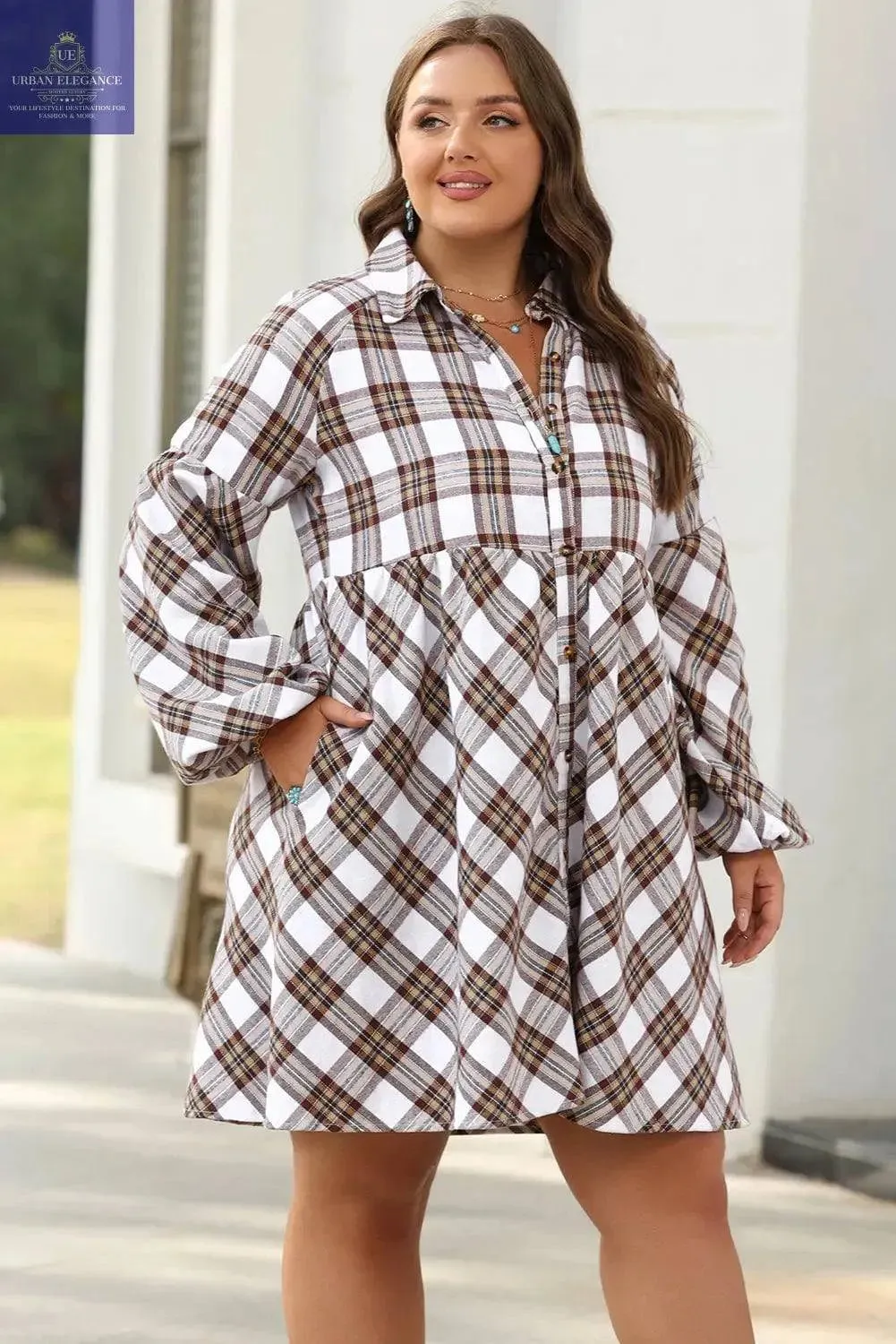 White Plaid Bubble Sleeve Flowy Shirt Dress