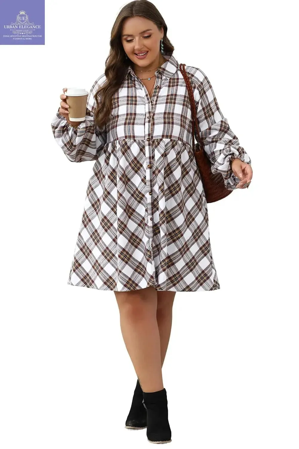 White Plaid Bubble Sleeve Flowy Shirt Dress