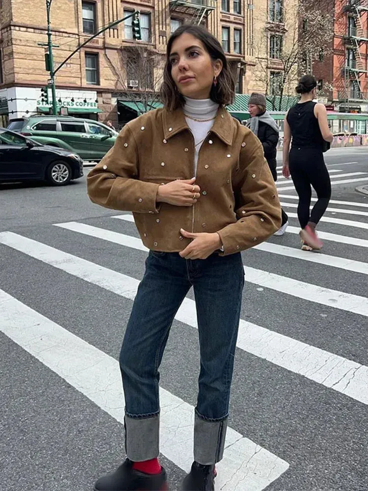 Women Fashion Turn-down Collar Studded Suede Jacket Casual Zipper Short Coats 2024 New Female High Streetwear Outerwear  ﻿