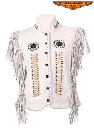 Womens Leather Snap Up Vest With Bones & Beads