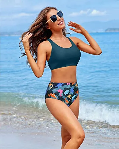 Women's Scoop Neck Bathing Suit For Teen Girls With Bottom-Blue Green Dinosaur